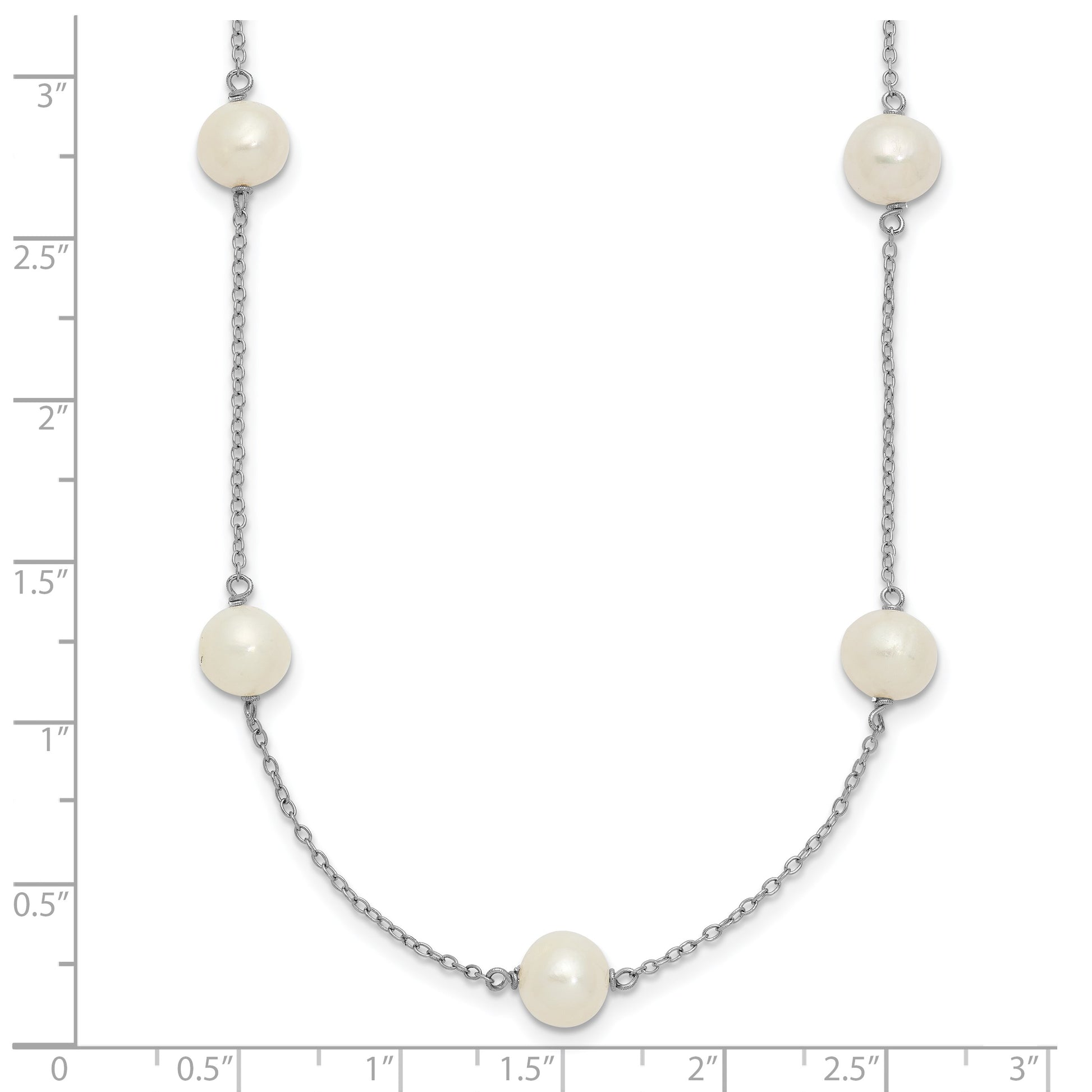 Sterling Silver Rhodium-plated 7-8mm White Near-Round Freshwater Cultured Pearl 9-Stations18 inch Necklace