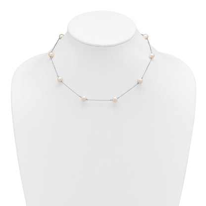 Sterling Silver Rhodium-plated 7-8mm White Near-Round Freshwater Cultured Pearl 9-Station 16 inch Necklace