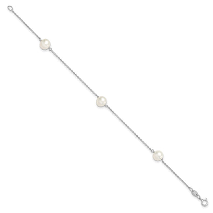 Sterling Silver Rhodium-plated 7-8mm White Semi-Round Freshwater Cultured Pearl 3-Station 7.5 inch Bracelet