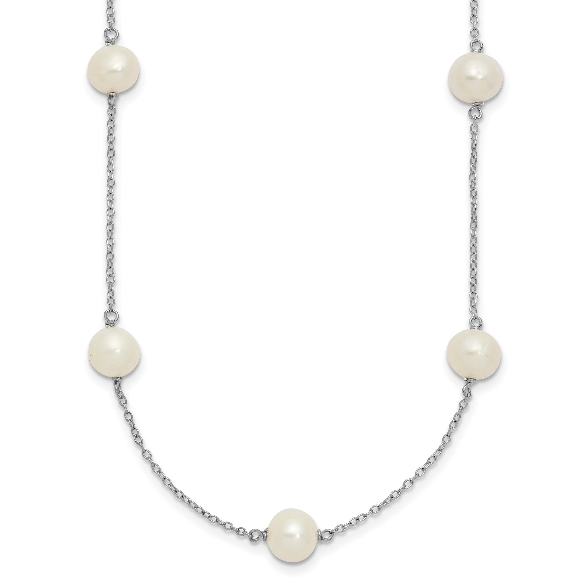 Sterling Silver Rhodium-plated 7-8mm White Near-Round Freshwater Cultured Pearl 9-Stations18 inch Necklace