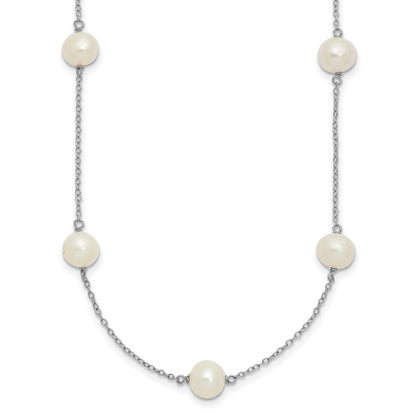 Sterling Silver Rhodium-plated 7-8mm White Near-Round Freshwater Cultured Pearl 9-Stations18 inch Necklace