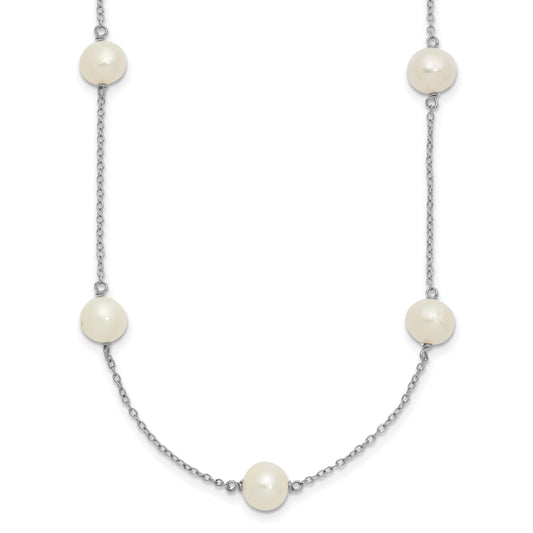 Sterling Silver Rhodium-plated 7-8mm White Near Round Freshwater Cultured Pearl 9-station 20 inch Necklace