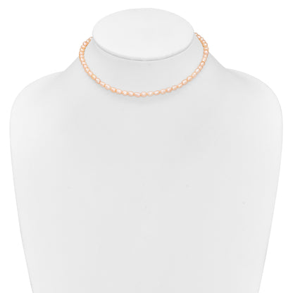 Sterling Silver Rhodium-plate 4-5mm Pink Rice Freshwater Cultured Pearl Children's 13 inch Necklace