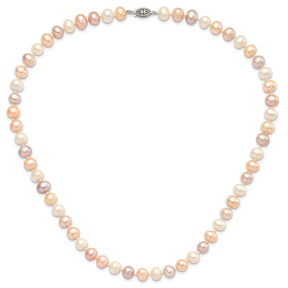 Sterling Silver Rhodium-plated 8-9mm Multi-color Near-Round Freshwater Cultured Pearl 20 inch Necklace