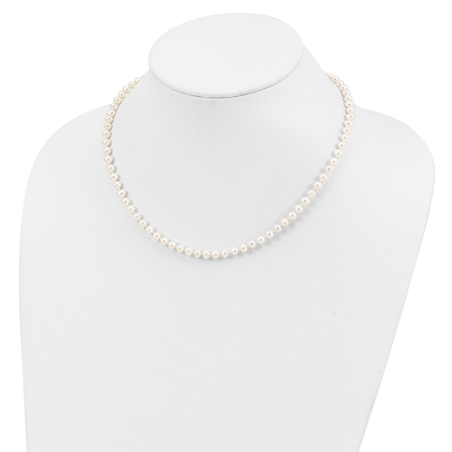 Sterling Silver Rhodium-plated 4-5mm White Near-Round Freshwater Cultured Pearl 16 inch Necklace