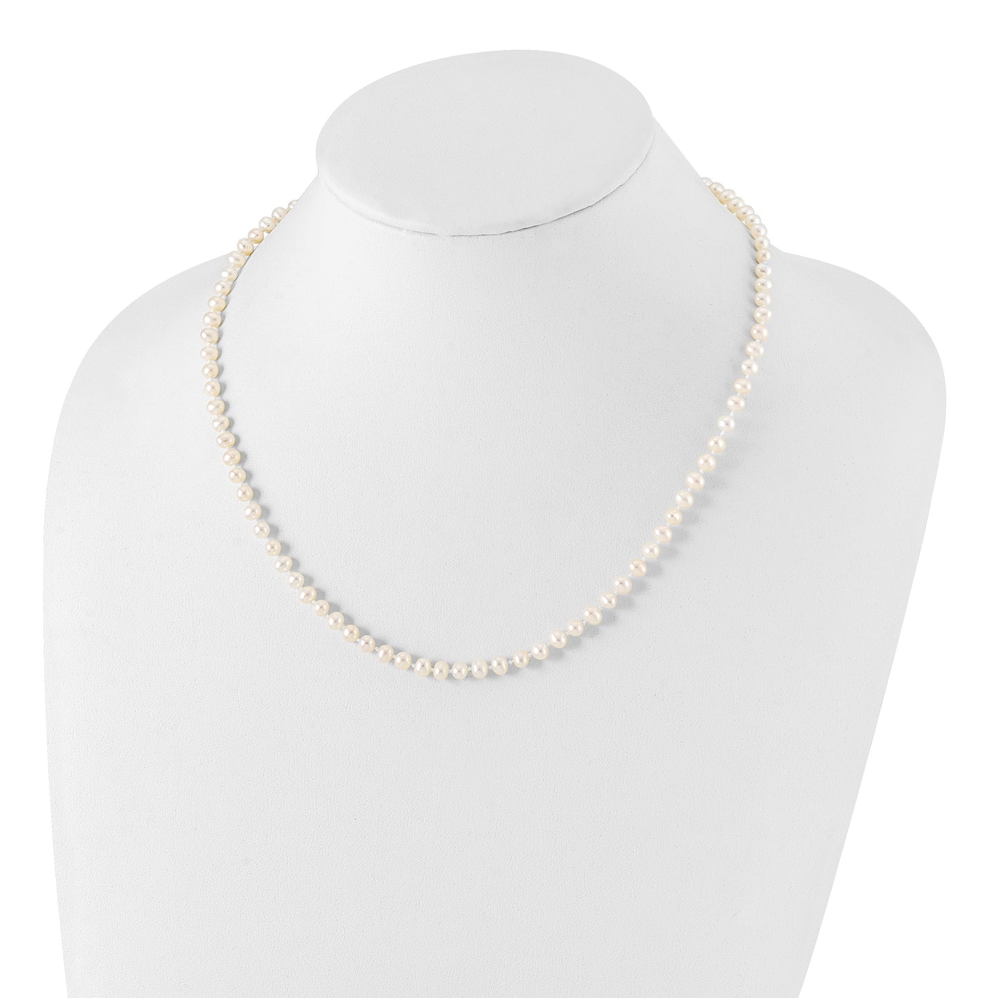 Sterling Silver Rhodium-plated 4-5mm White Near-Round Freshwater Cultured Pearl 18 inch Necklace