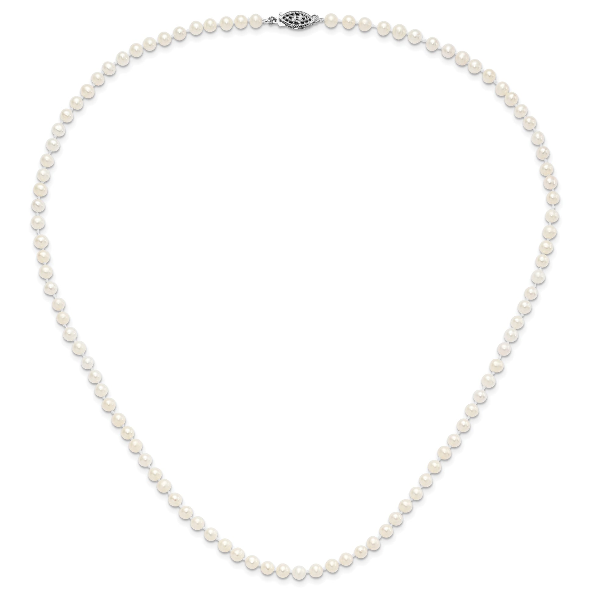 Sterling Silver Rhodium-plated 4-5mm White Near-Round Freshwater Cultured Pearl 20 inch Necklace