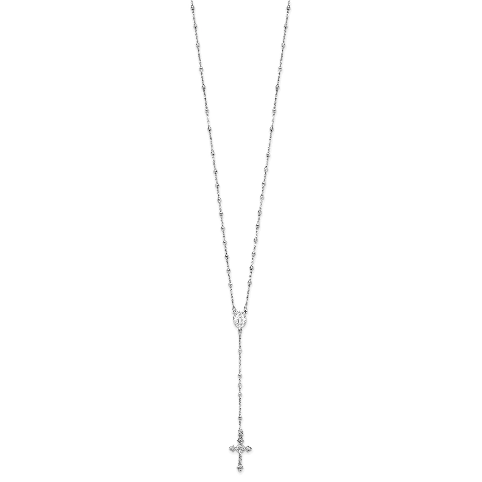 Sterling Silver Rhodium-plated Polished Beaded Rosary 24 inch Necklace