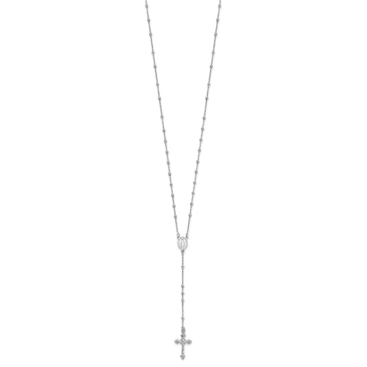 Sterling Silver Rhodium-plated Polished Beaded Rosary 24 inch Necklace