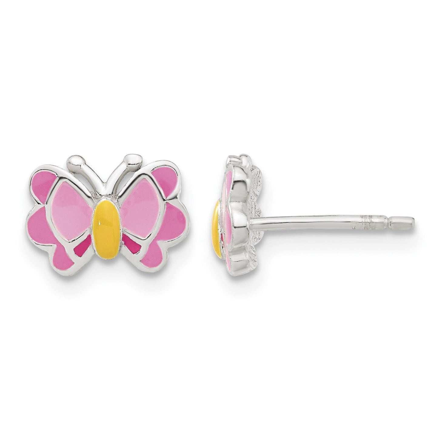 Sterling Silver Polished & Pink/Orange Enameled Butterfly Children's Earrings & 14in Necklace Set
