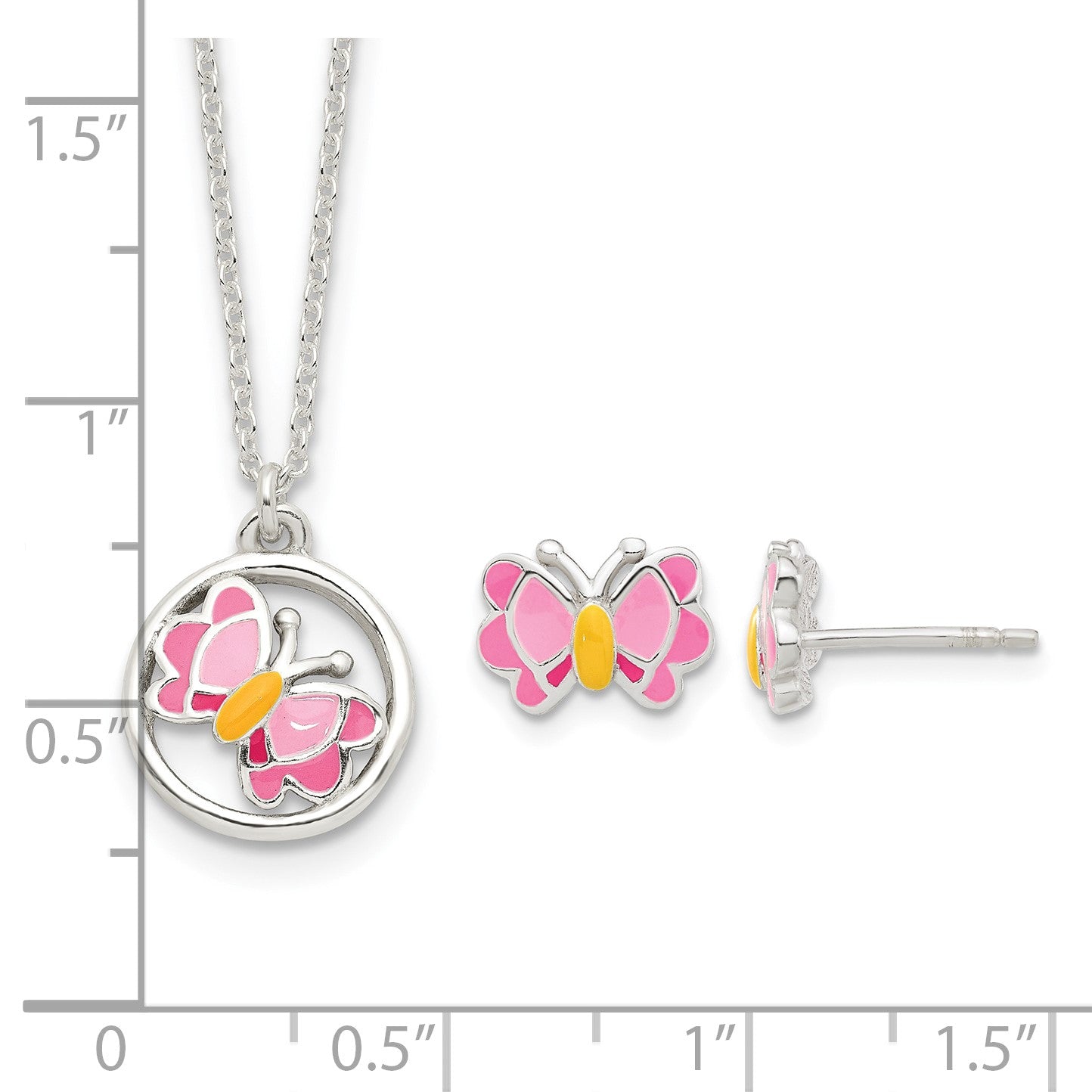 Sterling Silver Polished & Pink/Orange Enameled Butterfly Children's Earrings & 14in Necklace Set