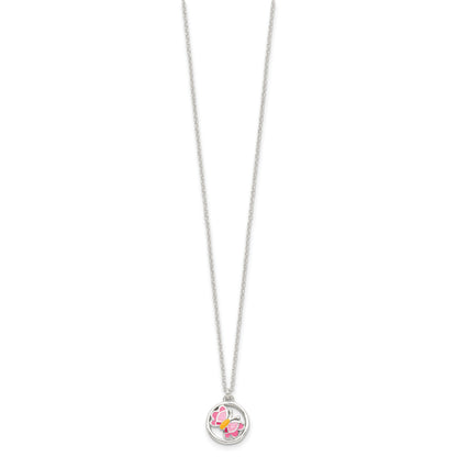 Sterling Silver Polished & Pink/Orange Enameled Butterfly Children's Earrings & 14in Necklace Set