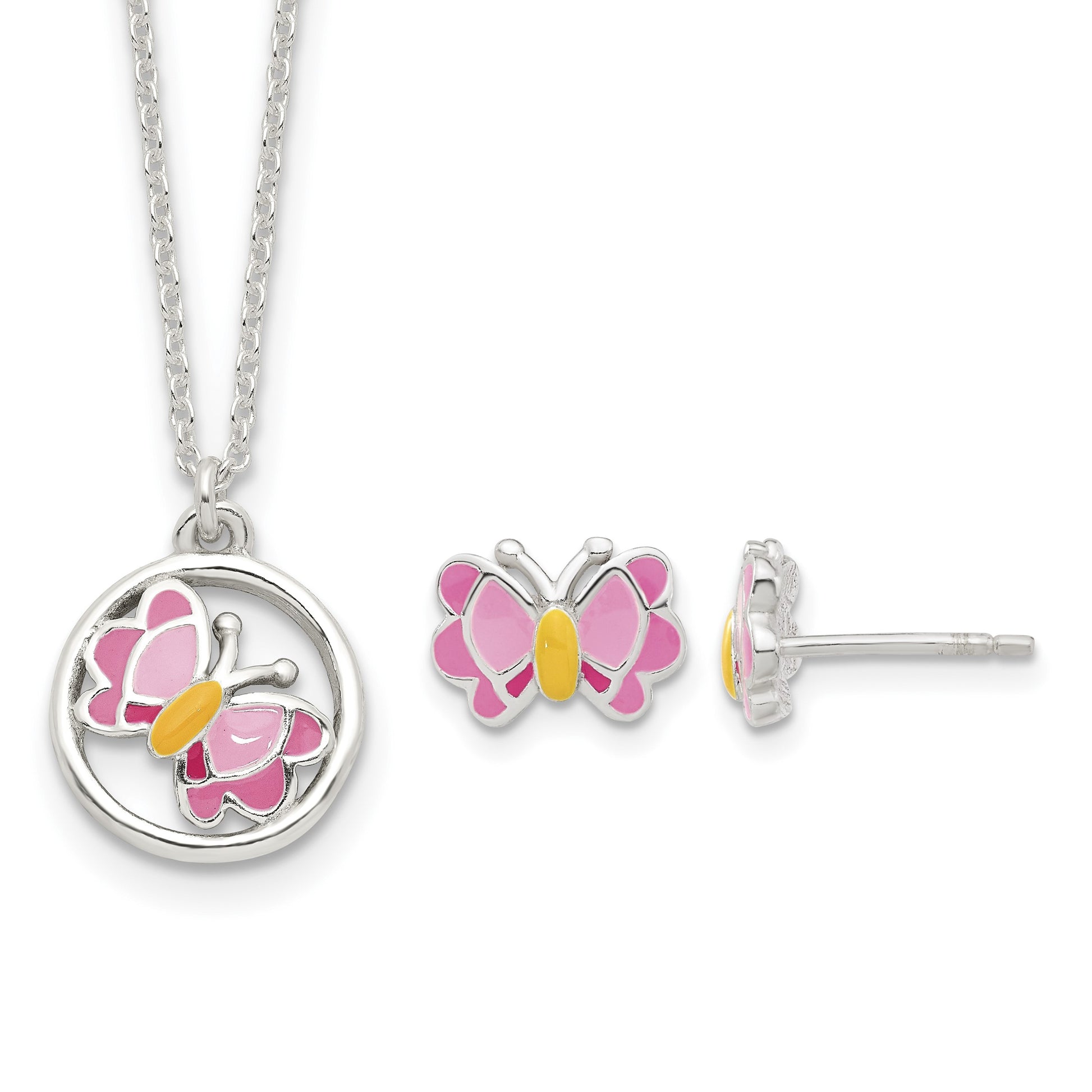 Sterling Silver Polished & Pink/Orange Enameled Butterfly Children's Earrings & 14in Necklace Set
