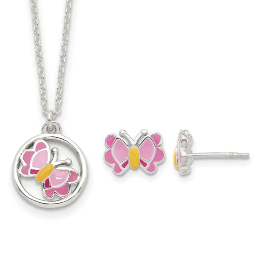 Sterling Silver Polished & Pink/Orange Enameled Butterfly Children's Earrings & 14in Necklace Set