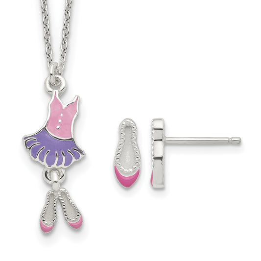 Sterling Silver Polished & Enameled Ballerina Children's 14in Necklace & Earring Set