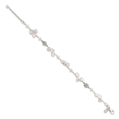 Sterling Silver FWC Keshi Pearl w/Moonstone 1in Ext. Fancy Bracelet
