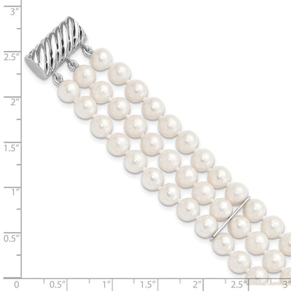 Sterling Silver Rhodium-plated 6-7mm White Near-Round Freshwater Cultured Pearl 3-Strand 7.5 inch Bracelet
