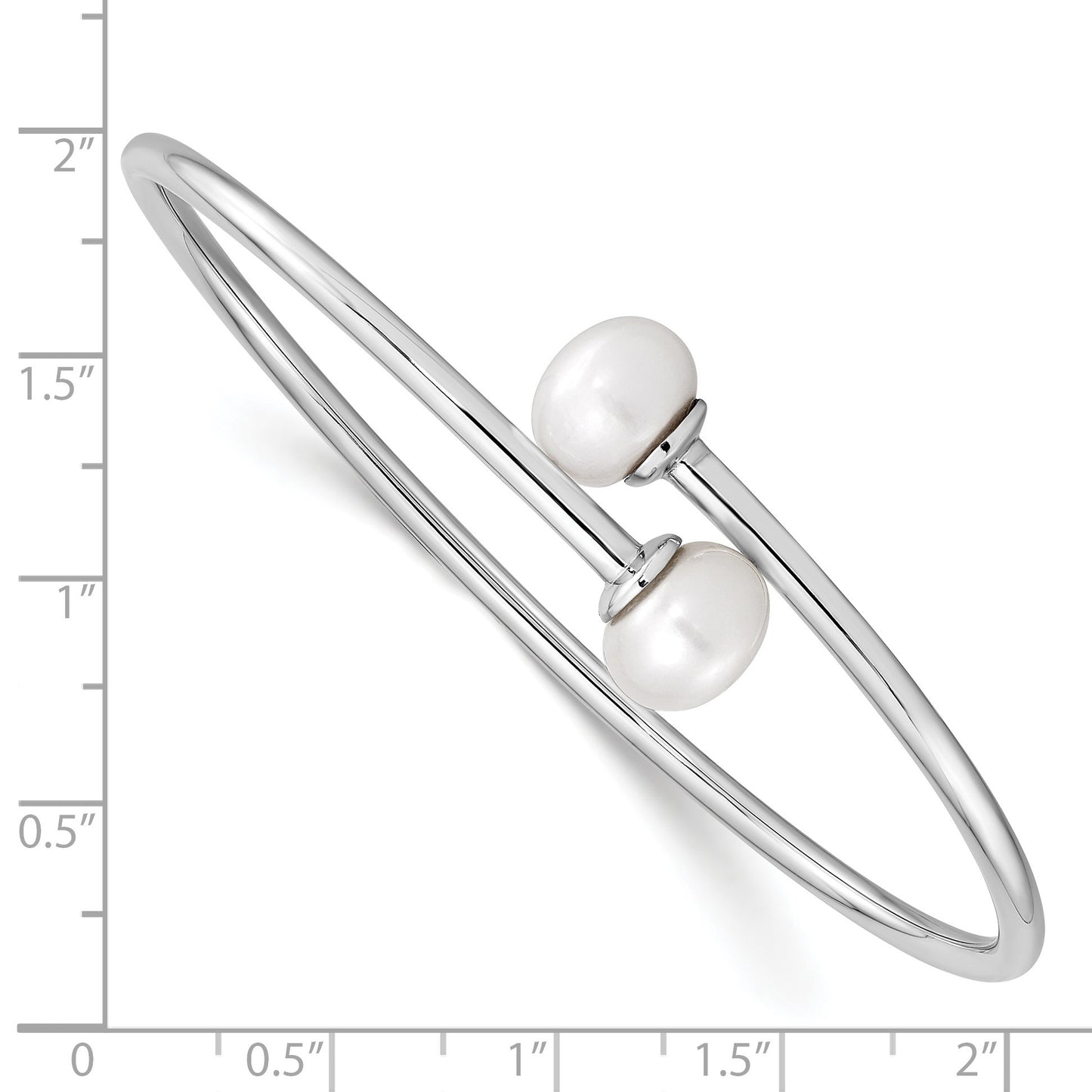 Sterling Silver Rhodium-plated 9-10mm White Freshwater Cultured Pearl Flexible Cuff Bangle