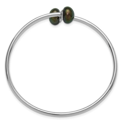 Sterling Silver Rhodium-plated 9-10mm Black Button Freshwater Cultured Pearl Flexible Bangle