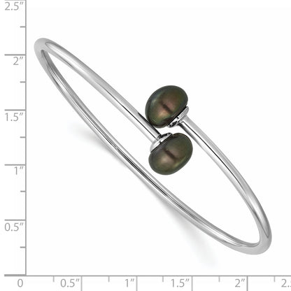 Sterling Silver Rhodium-plated 9-10mm Black Button Freshwater Cultured Pearl Flexible Bangle