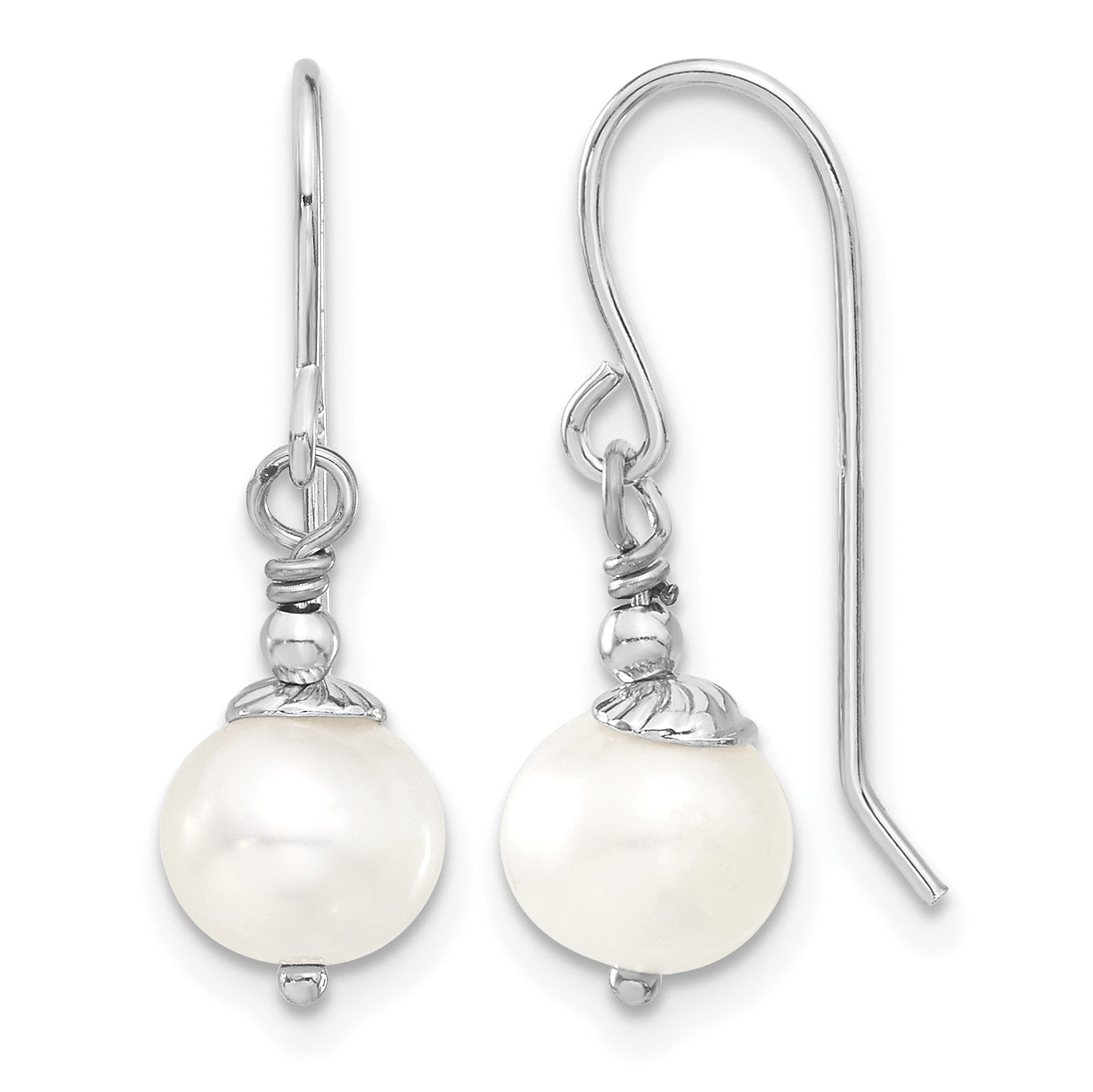 Sterling Silver Rhodium-plated 7-8mm White Semi-Round Freshwater Cultured Pearl 18 inch Necklace and Dangle Earrings Set