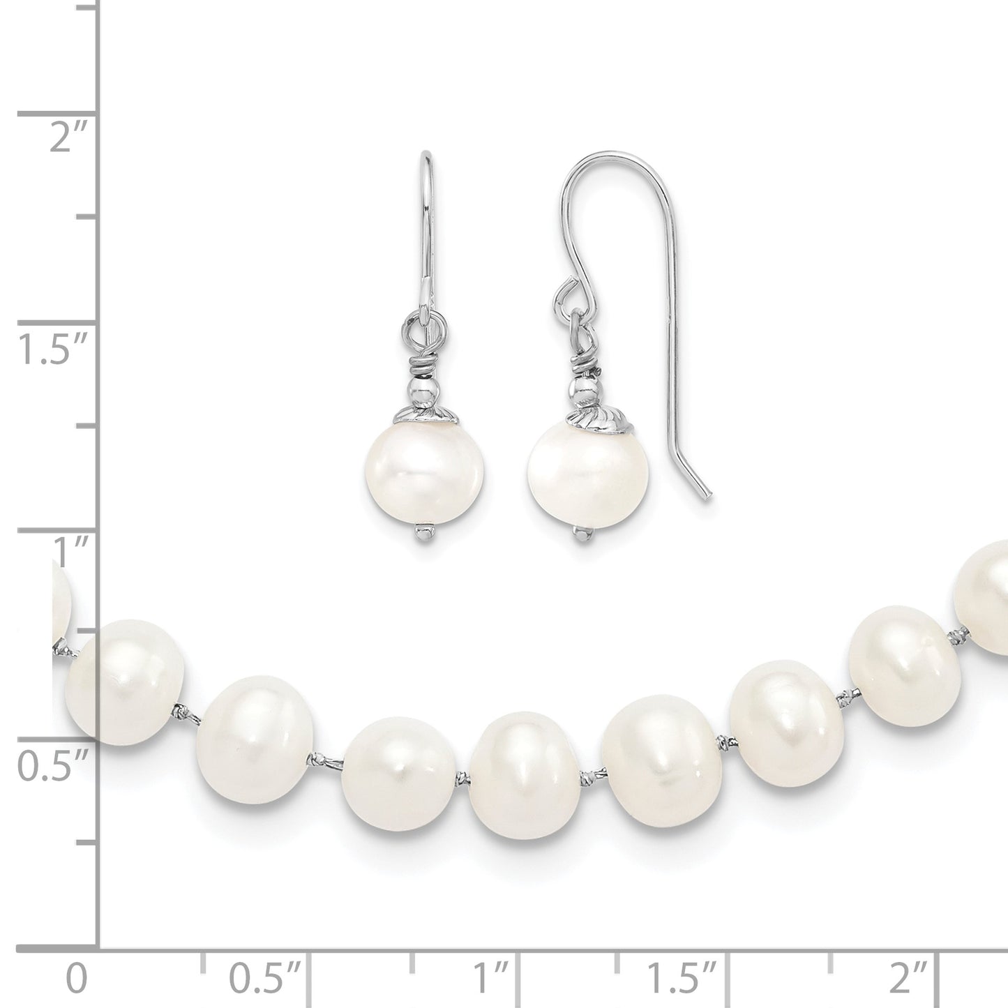 Sterling Silver Rhodium-plated 7-8mm White Semi-Round Freshwater Cultured Pearl 18 inch Necklace and Dangle Earrings Set