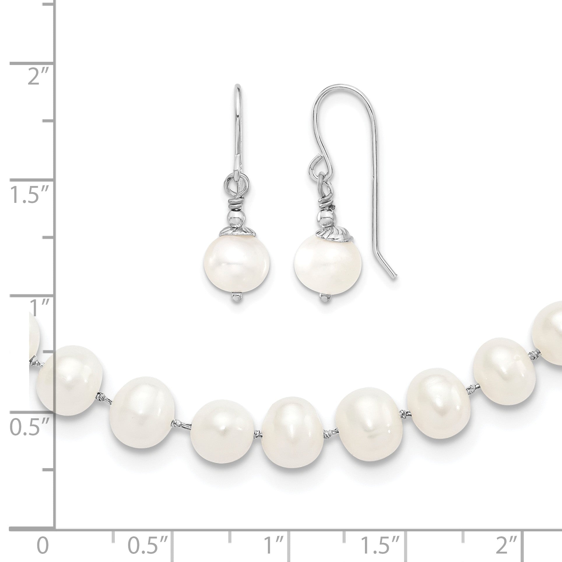 Sterling Silver Rhodium-plated 7-8mm White Semi-Round Freshwater Cultured Pearl 18 inch Necklace and Dangle Earrings Set
