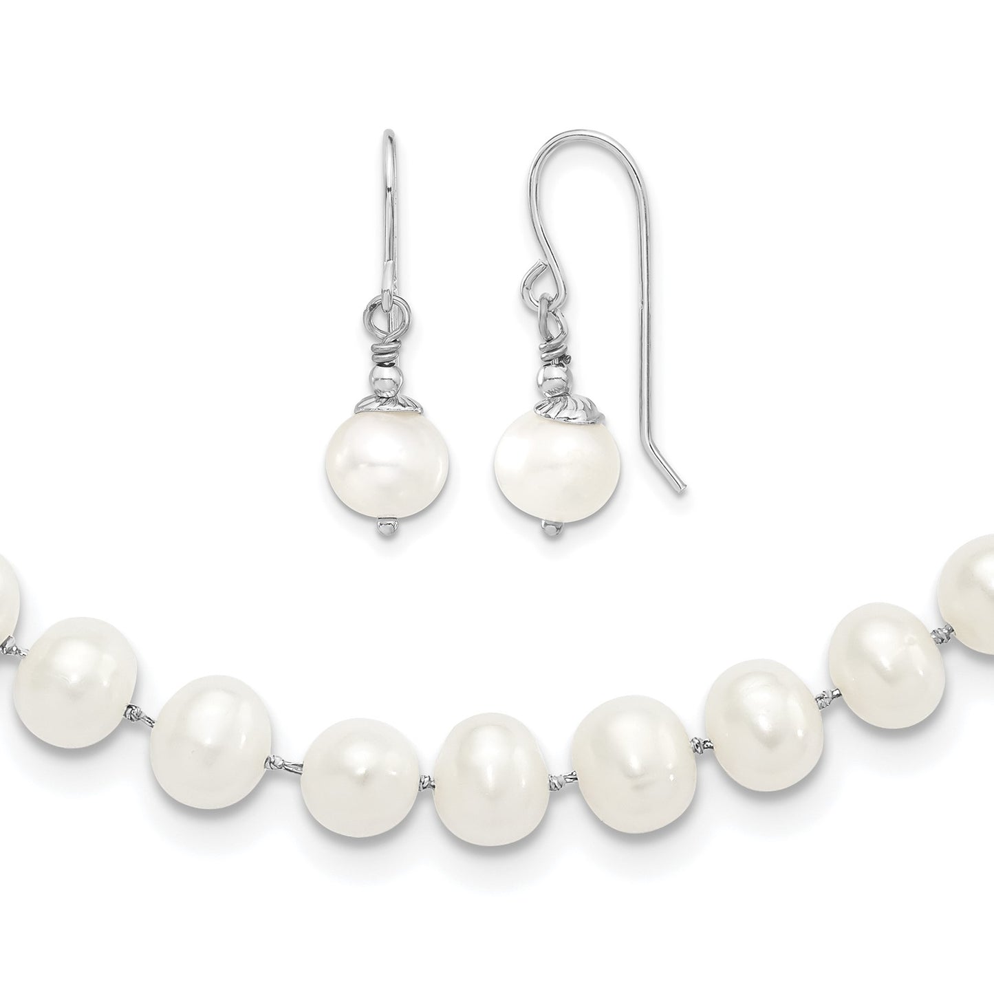Sterling Silver Rhodium-plated 7-8mm White Semi-Round Freshwater Cultured Pearl 18 inch Necklace and Dangle Earrings Set