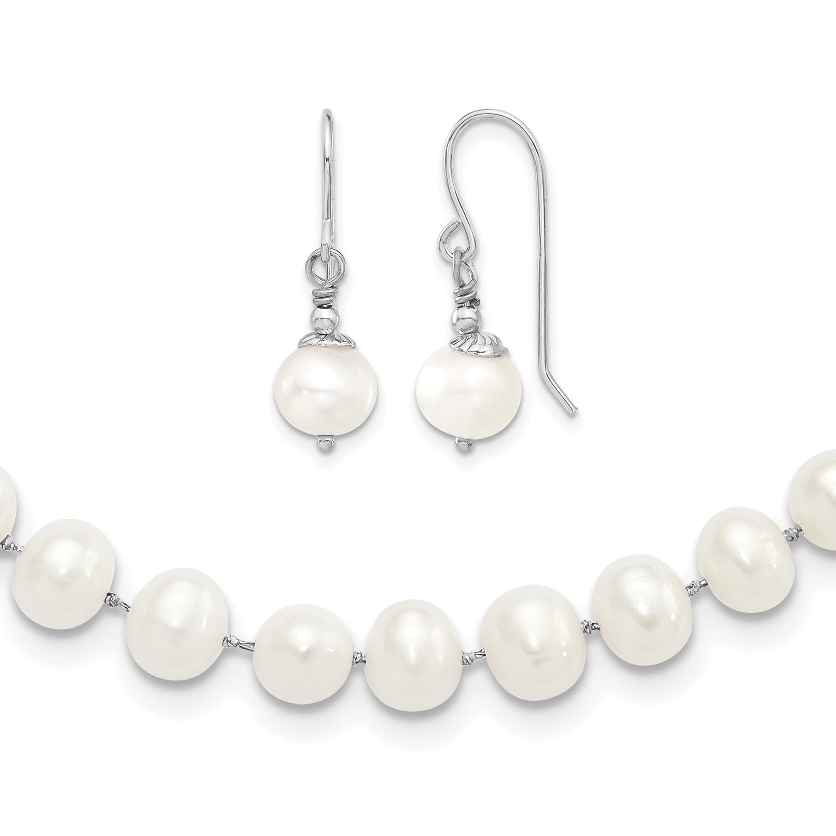 Sterling Silver Rhodium-plated 7-8mm White Semi-Round Freshwater Cultured Pearl 18 inch Necklace and Dangle Earrings Set