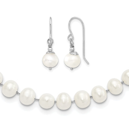 Sterling Silver Rhodium-plated 7-8mm White Semi-Round Freshwater Cultured Pearl 18 inch Necklace and Dangle Earrings Set