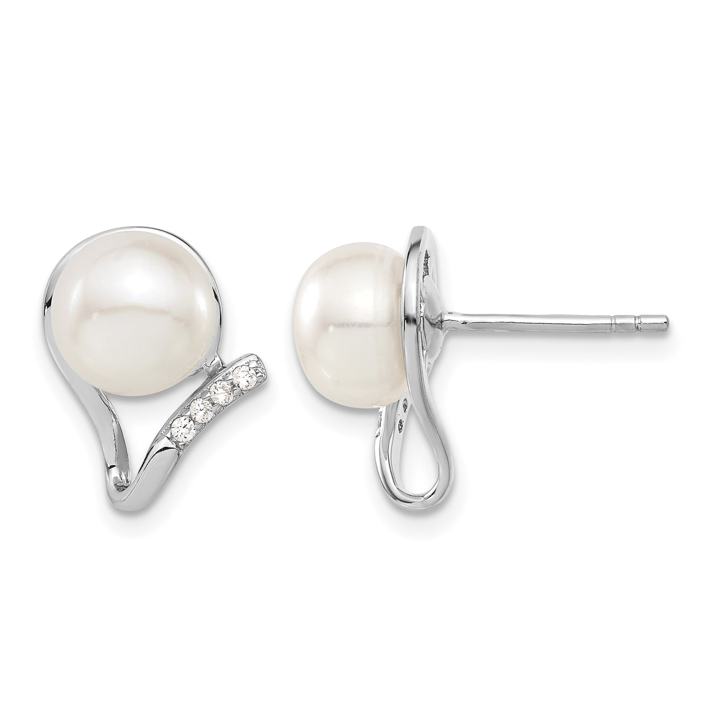 Sterling Silver Rhodium-plated 8-10mm White Button Freshwater Cultured Pearl and CZ 17 inch and Post Earrings Set