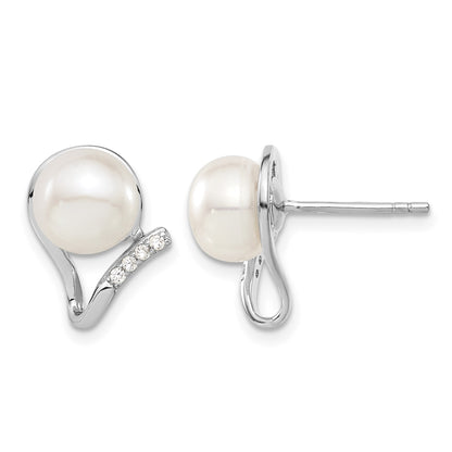 Sterling Silver Rhodium-plated 8-10mm White Button Freshwater Cultured Pearl and CZ 17 inch and Post Earrings Set