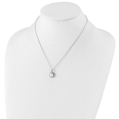 Sterling Silver Rhodium-plated 8-10mm White Button Freshwater Cultured Pearl and CZ 17 inch and Post Earrings Set