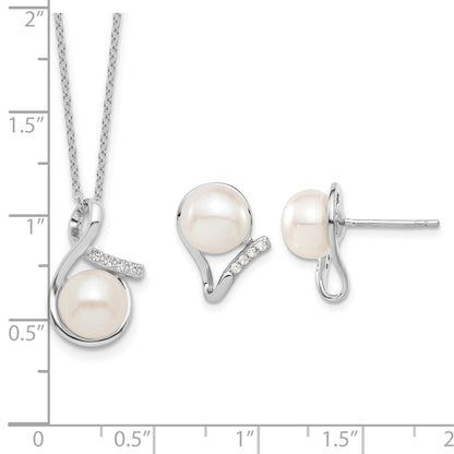 Sterling Silver Rhodium-plated 8-10mm White Button Freshwater Cultured Pearl and CZ 17 inch and Post Earrings Set