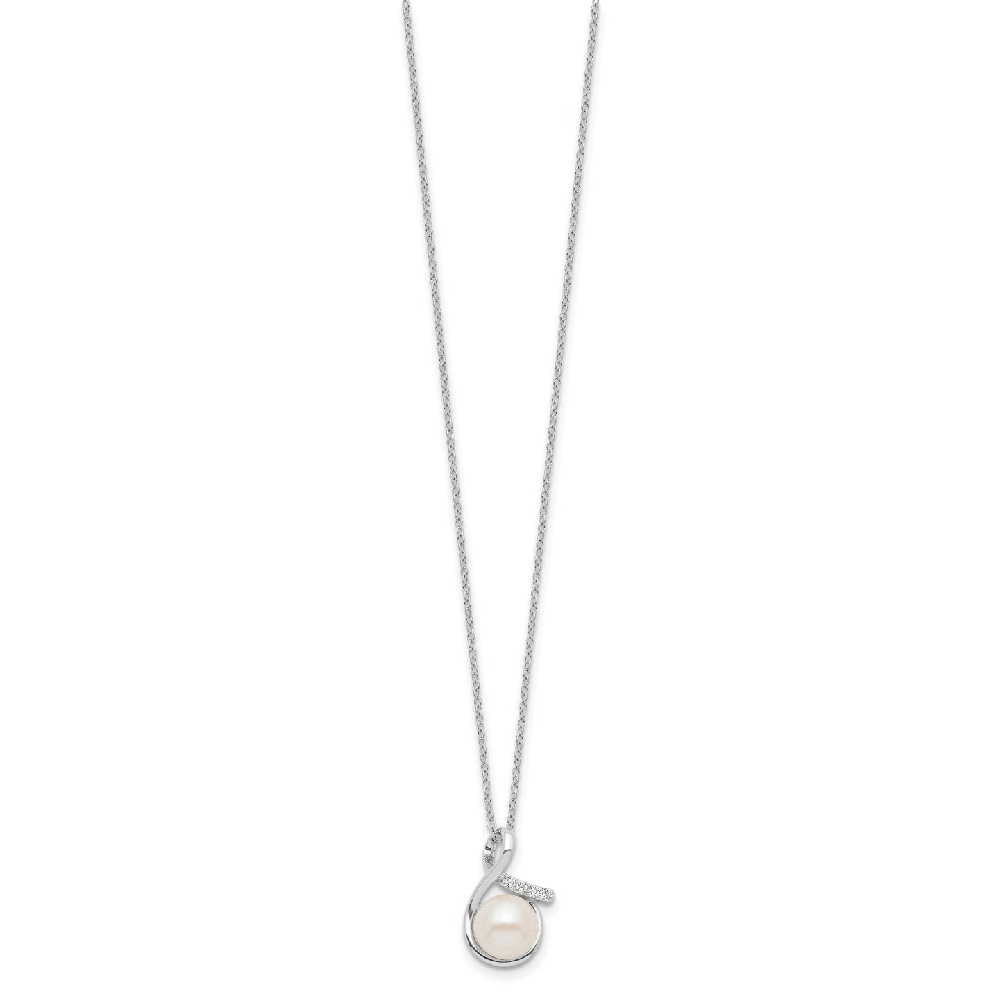 Sterling Silver Rhodium-plated 8-10mm White Button Freshwater Cultured Pearl and CZ 17 inch and Post Earrings Set