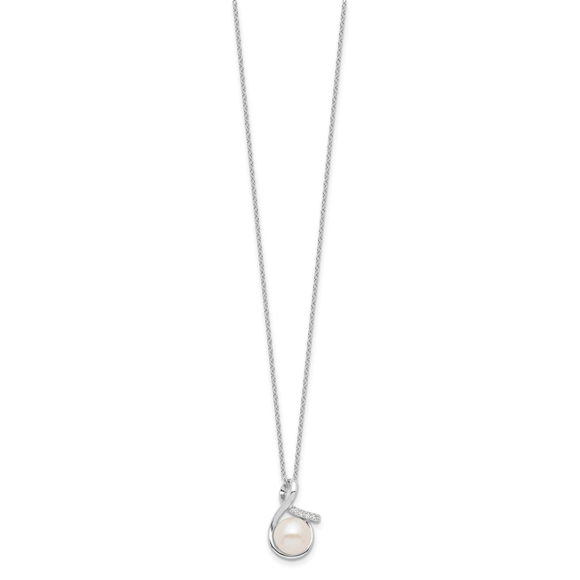 Sterling Silver Rhodium-plated 8-10mm White Button Freshwater Cultured Pearl and CZ 17 inch and Post Earrings Set