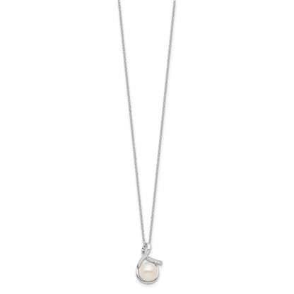 Sterling Silver Rhodium-plated 8-10mm White Button Freshwater Cultured Pearl and CZ 17 inch and Post Earrings Set