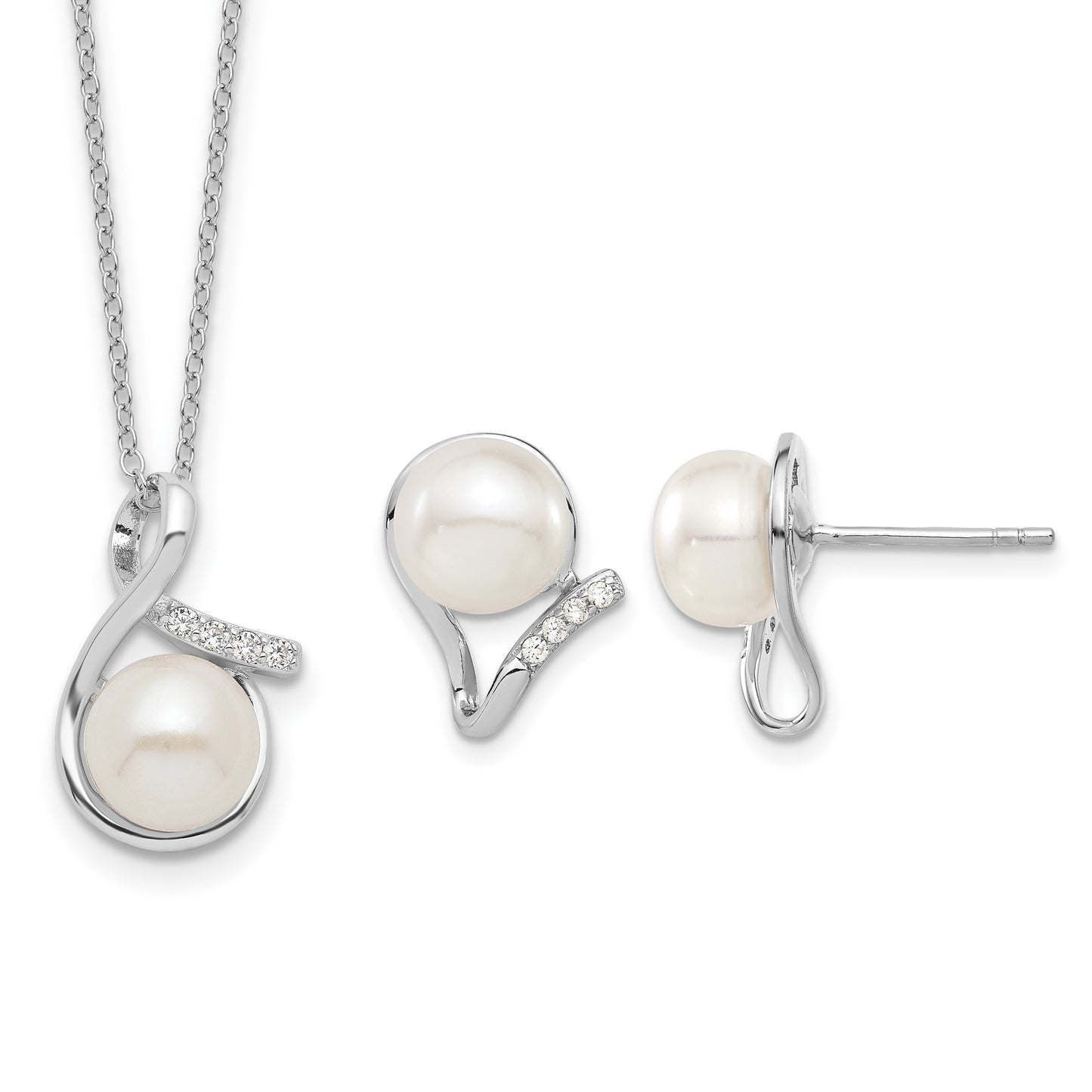 Sterling Silver Rhodium-plated 8-10mm White Button Freshwater Cultured Pearl and CZ 17 inch and Post Earrings Set