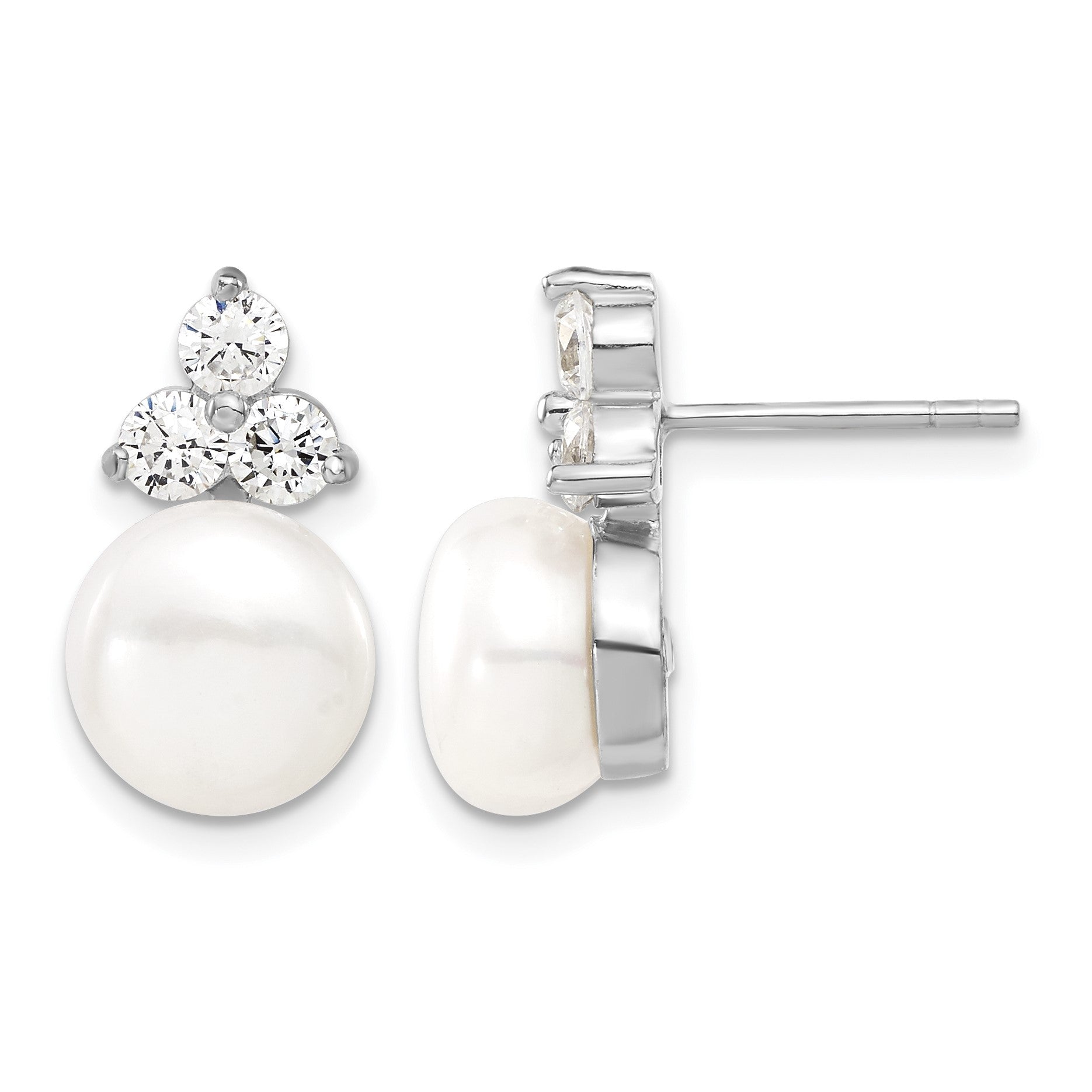 Sterling Silver Rhodium-plated 9-10mm White Button Freshwater Cultured Pearl and CZ 17 inch and Post Earrings Set