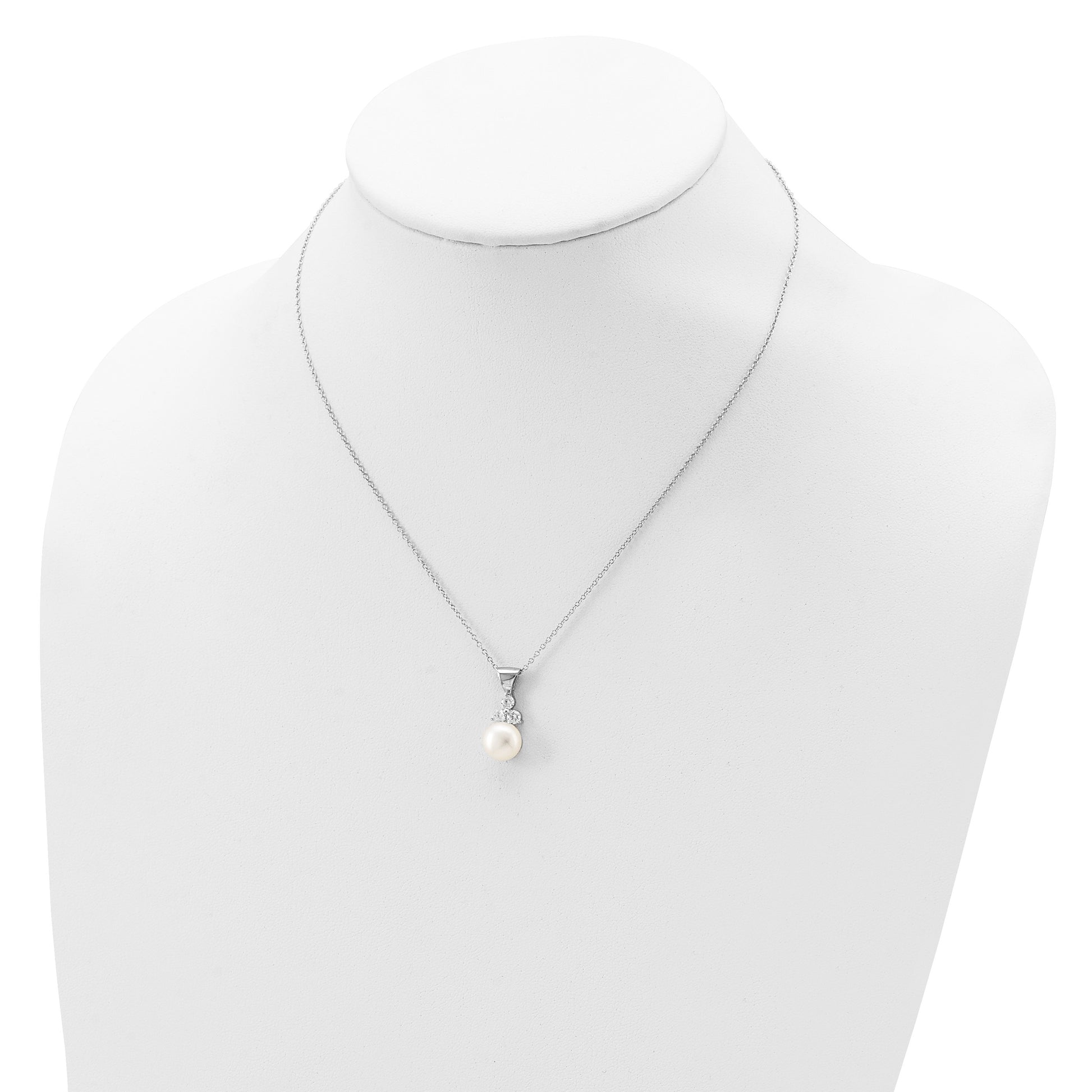 Sterling Silver Rhodium-plated 9-10mm White Button Freshwater Cultured Pearl and CZ 17 inch and Post Earrings Set