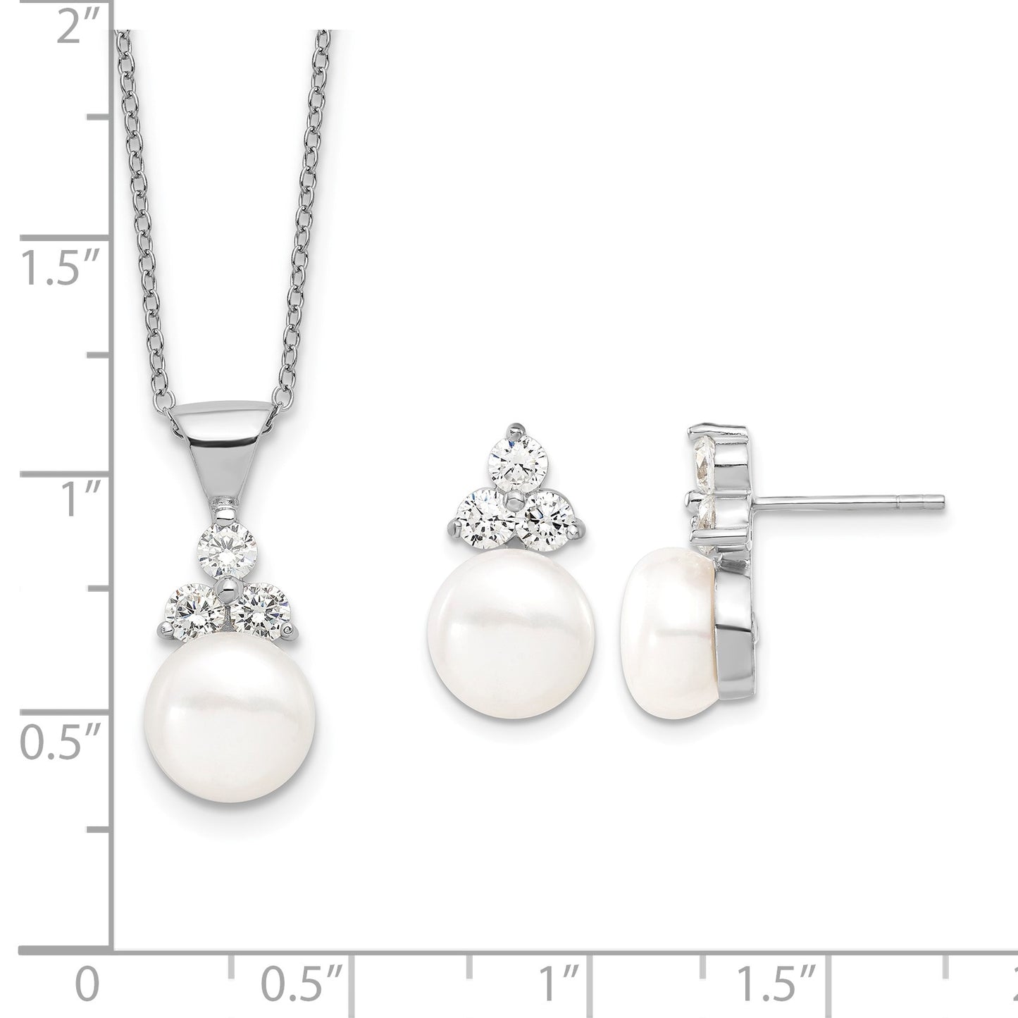 Sterling Silver Rhodium-plated 9-10mm White Button Freshwater Cultured Pearl and CZ 17 inch and Post Earrings Set