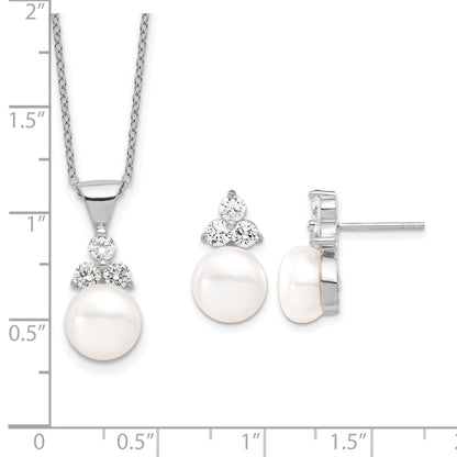 Sterling Silver Rhodium-plated 9-10mm White Button Freshwater Cultured Pearl and CZ 17 inch and Post Earrings Set