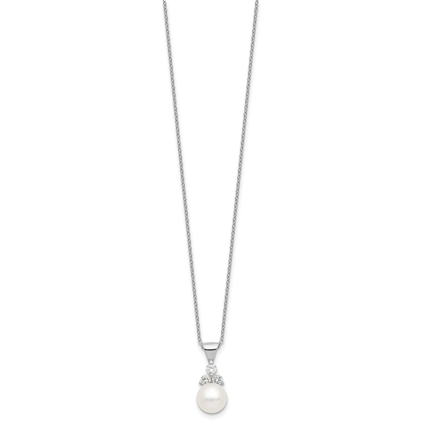 Sterling Silver Rhodium-plated 9-10mm White Button Freshwater Cultured Pearl and CZ 17 inch and Post Earrings Set
