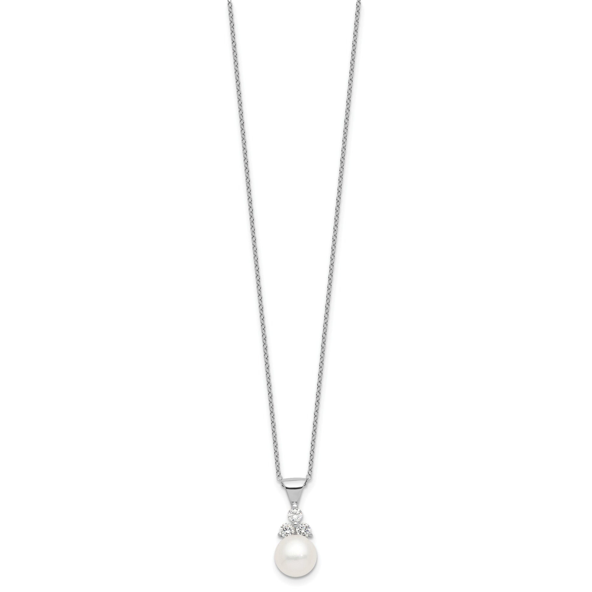 Sterling Silver Rhodium-plated 9-10mm White Button Freshwater Cultured Pearl and CZ 17 inch and Post Earrings Set