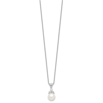 Sterling Silver Rhodium-plated 9-10mm White Button Freshwater Cultured Pearl and CZ 17 inch and Post Earrings Set