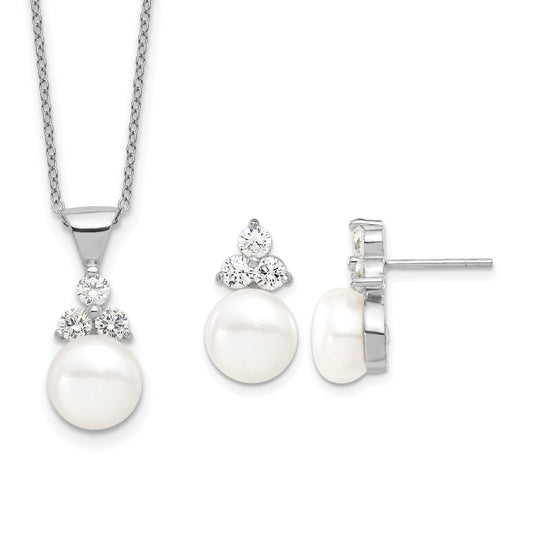Sterling Silver Rhodium-plated 9-10mm White Button Freshwater Cultured Pearl and CZ 17 inch and Post Earrings Set