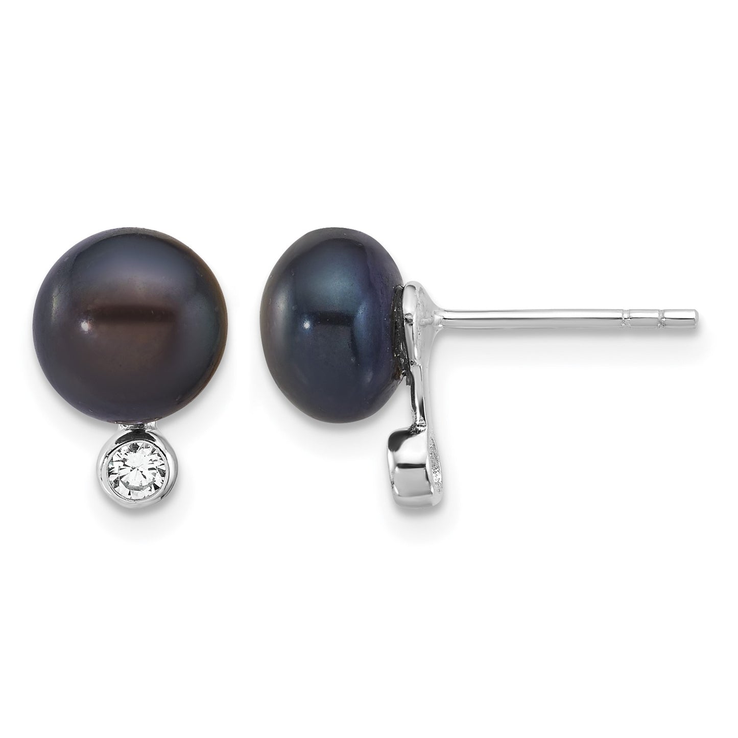 Sterling Silver Rhodium-plated 8-9mm Black Button Freshwater Cultured Pearl and CZ 17 inch Necklace and Post Earrings Set
