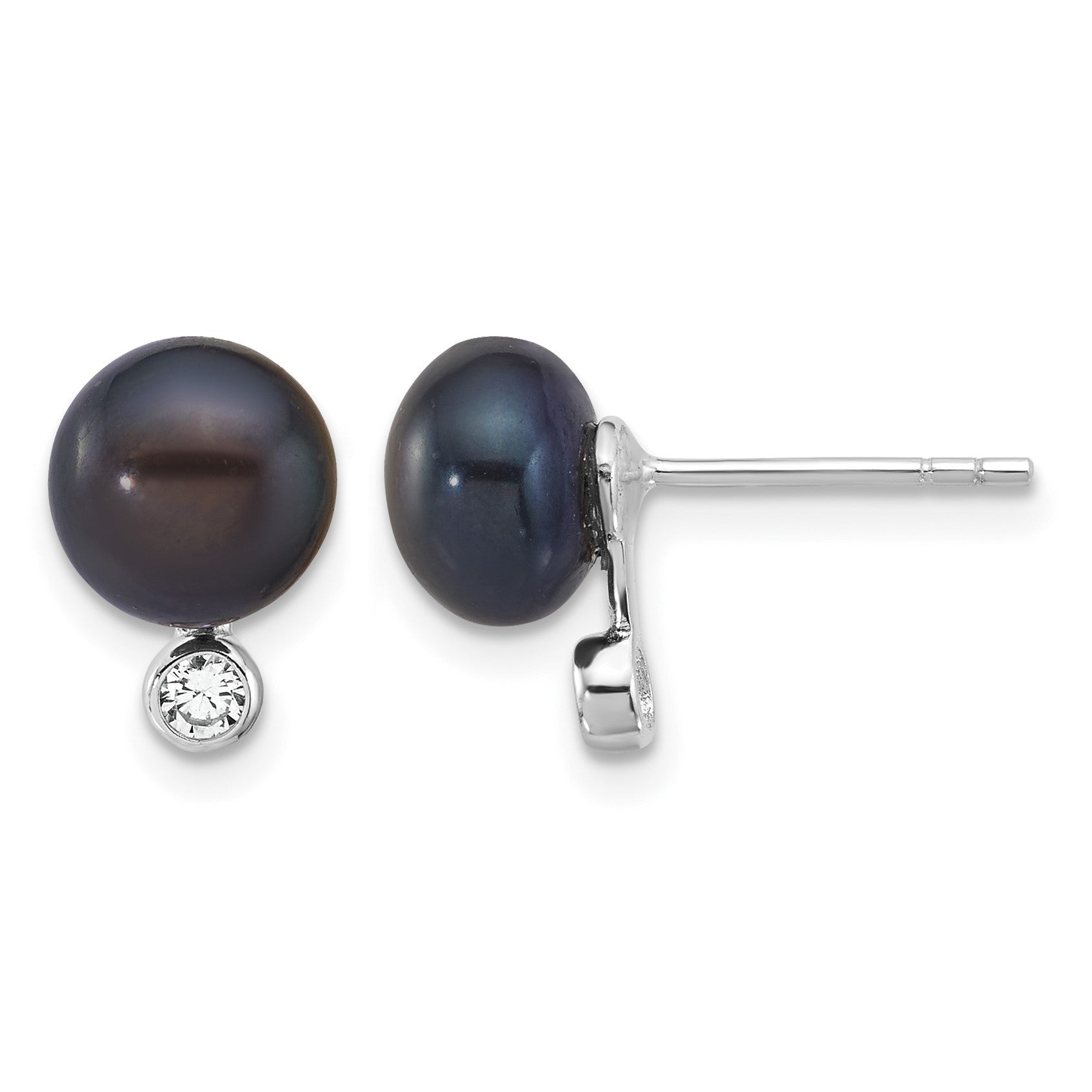 Sterling Silver Rhodium-plated 8-9mm Black Button Freshwater Cultured Pearl and CZ 17 inch Necklace and Post Earrings Set