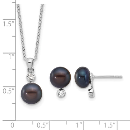 Sterling Silver Rhodium-plated 8-9mm Black Button Freshwater Cultured Pearl and CZ 17 inch Necklace and Post Earrings Set