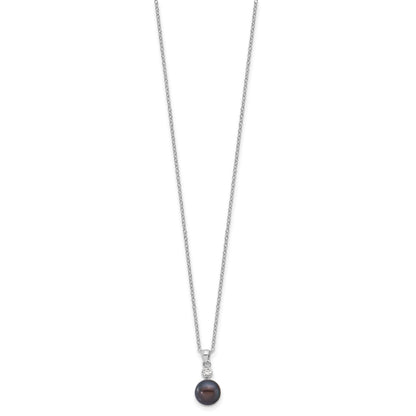 Sterling Silver Rhodium-plated 8-9mm Black Button Freshwater Cultured Pearl and CZ 17 inch Necklace and Post Earrings Set